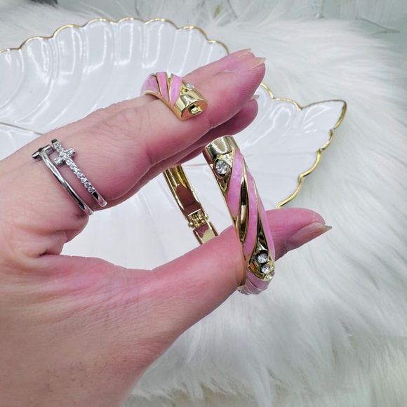 Pink Enamel Cloisonne Bracelet Bangle w/ Rhinestones - Picture 6 of 9